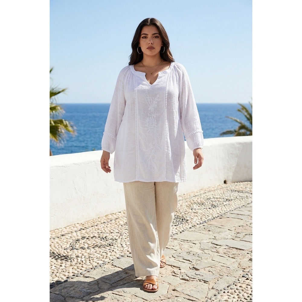 Zac & Rachel Woman White Embroidered Gauze Blouse Pom Pom Trim Plus Size 2X